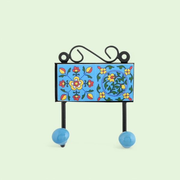 Blue Pottery Decorative Key Holder—Turquoise—2 Hooks