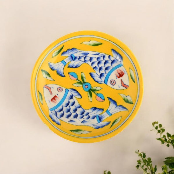 Blue Pottery Fish Pattern Decorative Plate—Yellow —6”