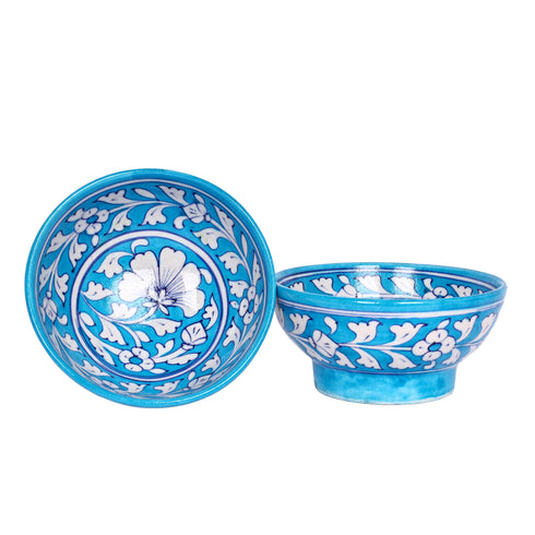 Blue Pottery Floral Bowls—Set of 2—Cyan Blue