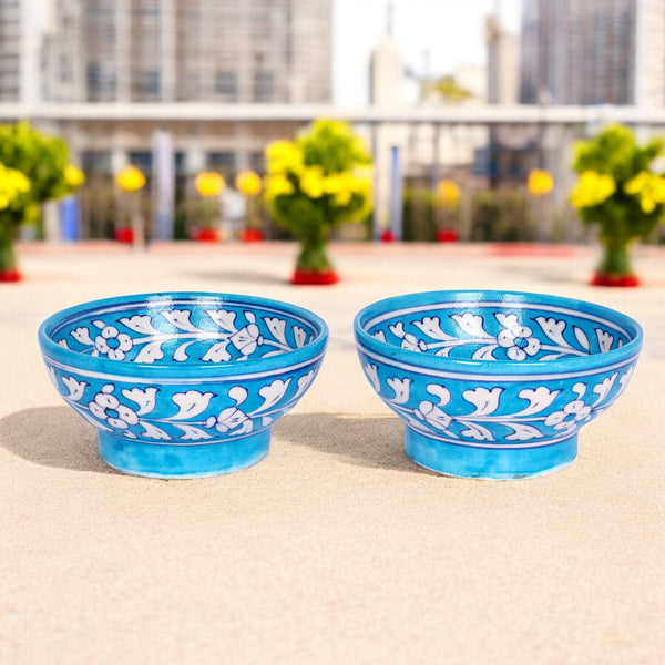 Blue Pottery Floral Bowls—Set of 2—Cyan Blue
