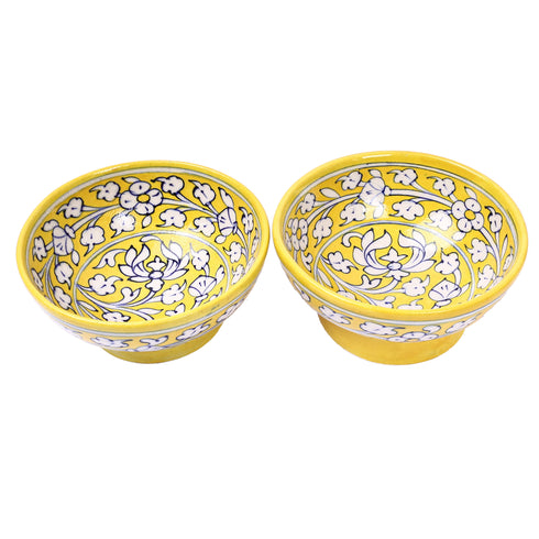 Blue Pottery Floral Bowls—Set of 2—Yellow