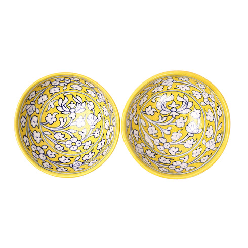 Blue Pottery Floral Bowls—Set of 2—Yellow
