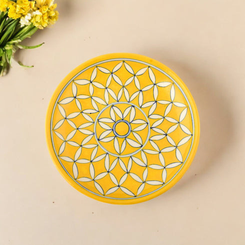 Blue Pottery Floral & Lattice Pattern Decorative Plate—Yellow—8”