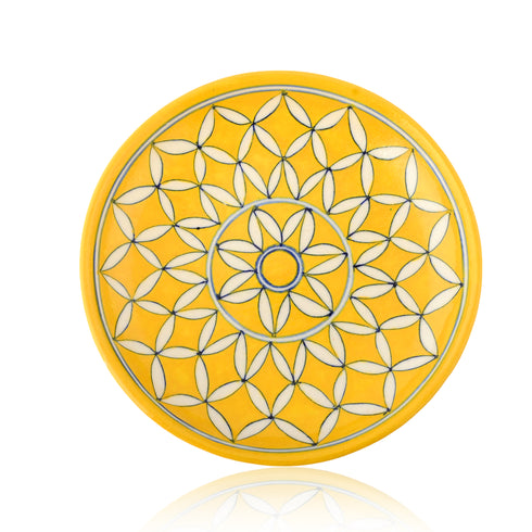 Blue Pottery Floral & Lattice Pattern Decorative Plate—Yellow—8”