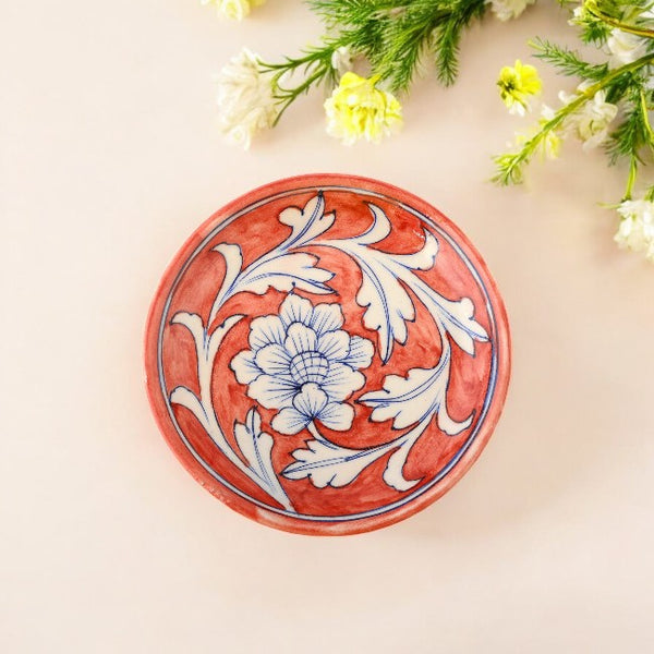 Blue Pottery Floral Pattern Decorative Plate—Red—6”