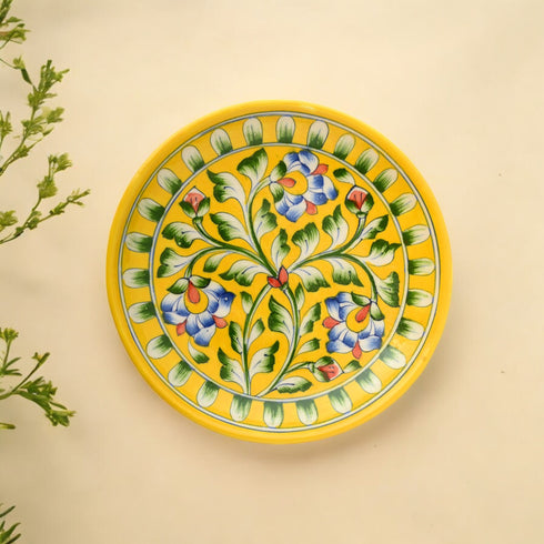 Blue Pottery Floral Pattern Decorative Plate—Yellow—8”