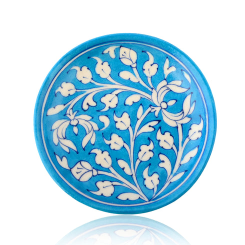 Blue Pottery Floral Pattern Decorative Plate—Cyan Blue—6”