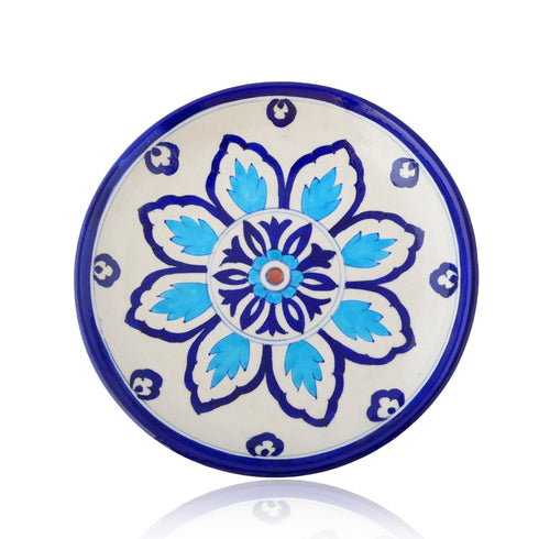 Blue Pottery Floral Pattern Decorative Plate—White & Blue—8”