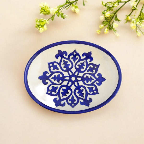 Blue Pottery Floral Pattern Decorative Rice Plate—Blue