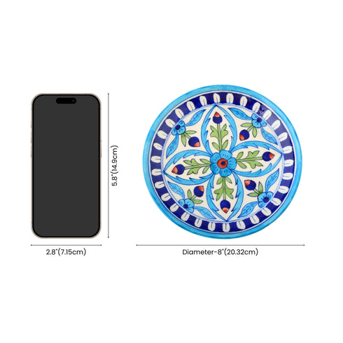 Blue Pottery Floral Pattern Decorative Plate—Cyan Blue—8”