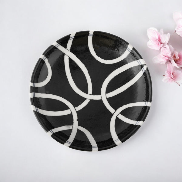 Blue Pottery Geometric Pattern Decorative Plate—Black & White—8”