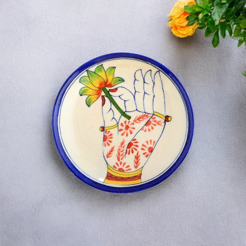 Blue Pottery Hand & Floral Pattern Decorative Plate—Ivory and Blue—6”