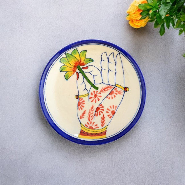 Blue Pottery Hand & Floral Pattern Decorative Plate—Ivory and Blue—6”
