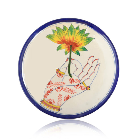 Blue Pottery Hand & Floral Pattern Decorative Plate—Ivory and Blue—8”