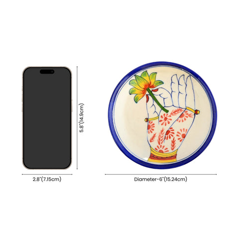 Blue Pottery Hand & Floral Pattern Decorative Plate—Ivory and Blue—6”