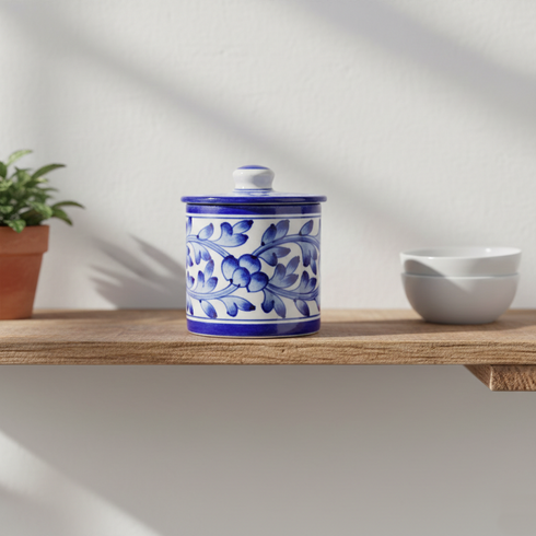 Blue Pottery Jar with Lid - White