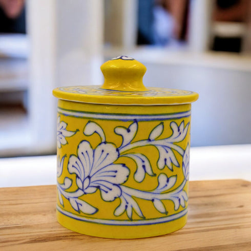 Blue Pottery Jar with Lid - Yellow