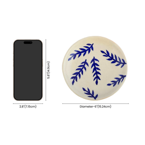 Blue Pottery Leaves Pattern Decorative Plate—White and Blue —6”