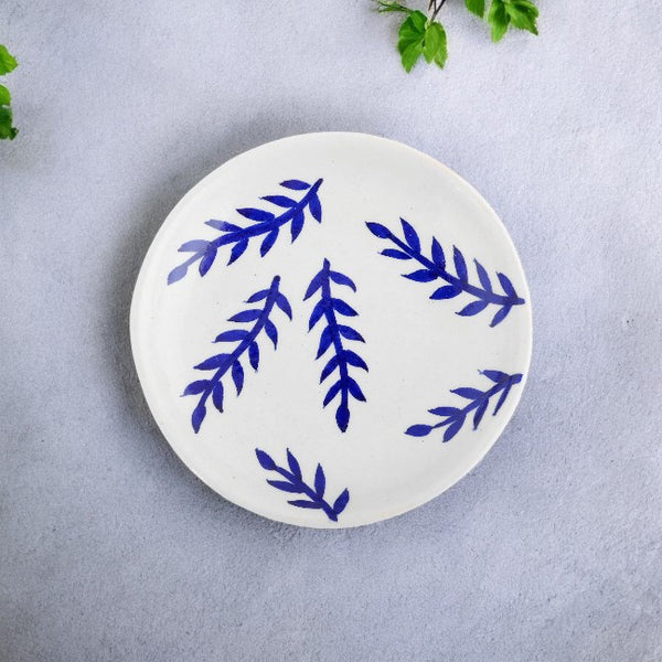 Blue Pottery Leaves Pattern Decorative Plate—White and Blue —6”
