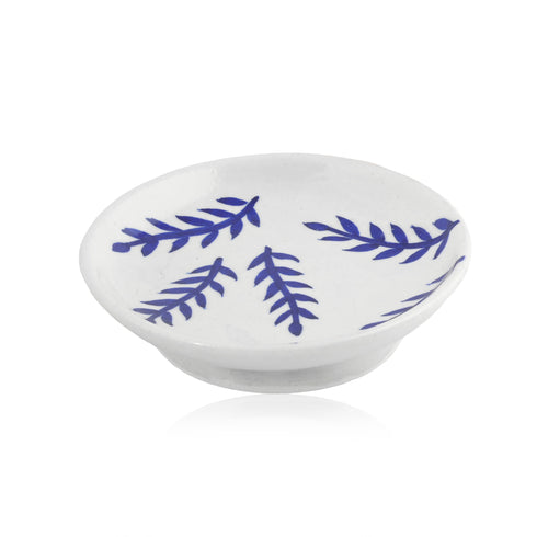 Blue Pottery Leaves Pattern Decorative Plate—White and Blue —6”