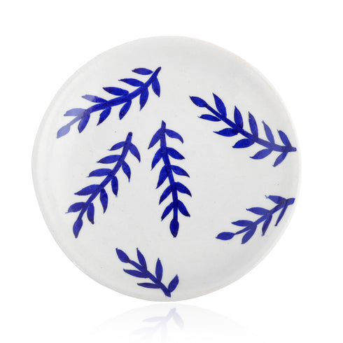 Blue Pottery Leaves Pattern Decorative Plate—White and Blue —6”