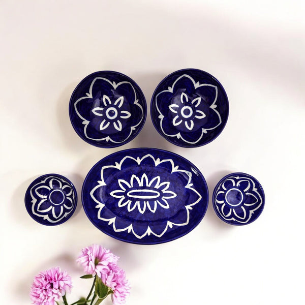 Blue Pottery Lotus Collection - Elegant 3-Piece Serving Set