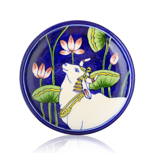 Blue Pottery Nandi Bull Inspired Decorative Plate—Deep Blue—8”