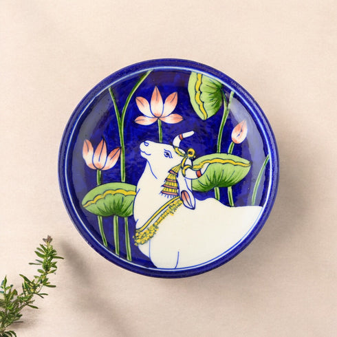 Blue Pottery Nandi Bull Inspired Decorative Plate—Deep Blue—8”