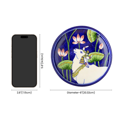 Blue Pottery Nandi Bull Inspired Decorative Plate—Deep Blue—8”