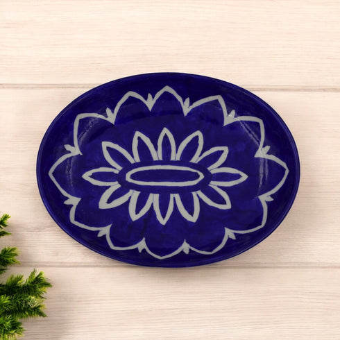 Blue Pottery Oval Decorative Plate - Blue