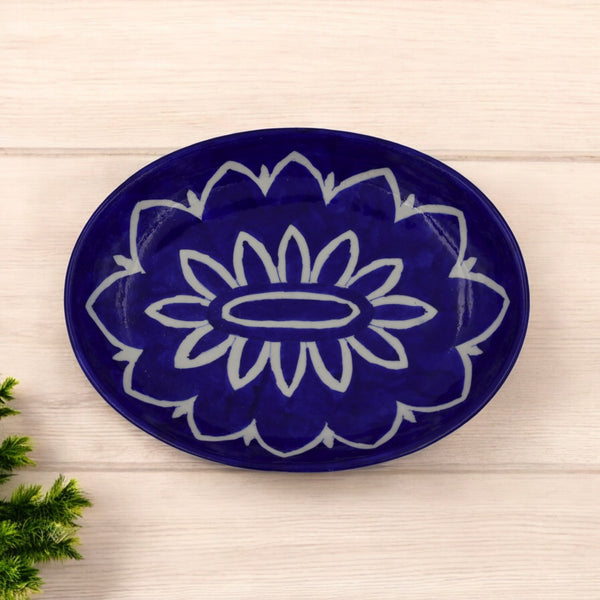 Blue Pottery Oval  Decorative  Plate - Blue