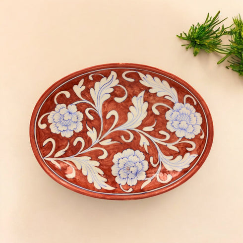 Blue Pottery Oval Plate - Maroon