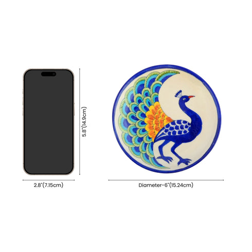 Blue Pottery Peacock Pattern Decorative Plate—White and Blue—6”
