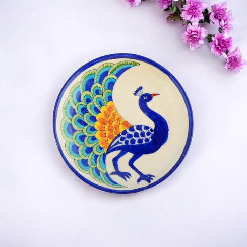 Blue Pottery Peacock Pattern Decorative Plate—White and Blue—6”