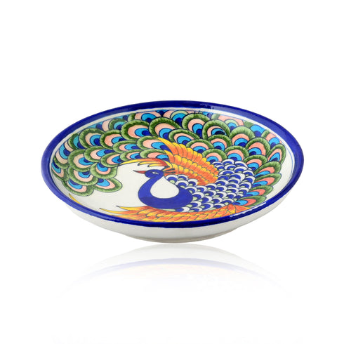 Blue Pottery Peacock Pattern Decorative Plate—White and Blue—8”