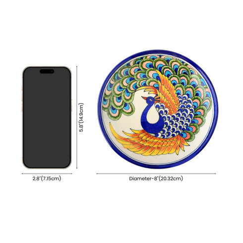 Blue Pottery Peacock Pattern Decorative Plate—White and Blue—8”