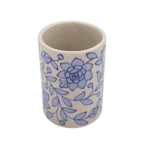 Blue Pottery Pen Holder - White