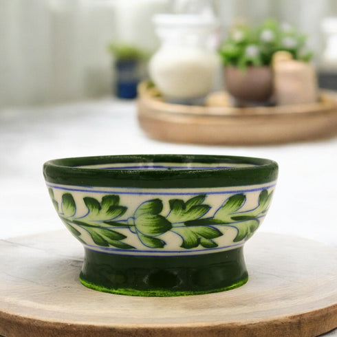 Blue Pottery Round Bowl - White and Green