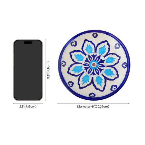 Blue Pottery Floral Pattern Decorative Plate—White & Blue—8”