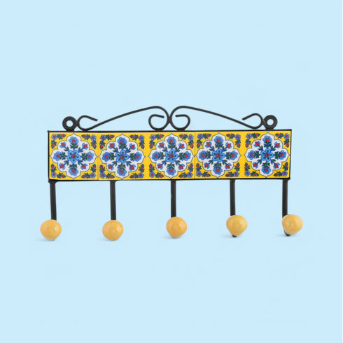Blue Pottery Decorative Key Holder—Yellow—5 Hooks