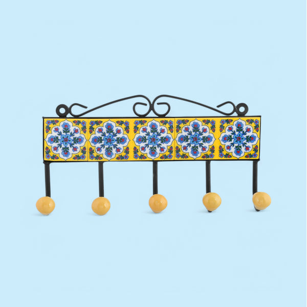 Blue Pottery Decorative Key Holder—Yellow—5 Hooks