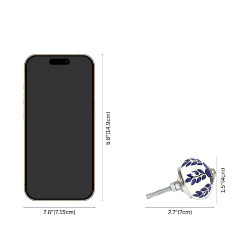 Blue and White Handcrafted and Hand painted Ceramic Knobs—Round Shaped—Set of 6—Floral and leafy Pattern