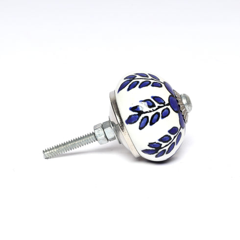 Blue and White Handcrafted and Hand painted Ceramic Knobs—Round Shaped—Set of 6—Floral and leafy Pattern