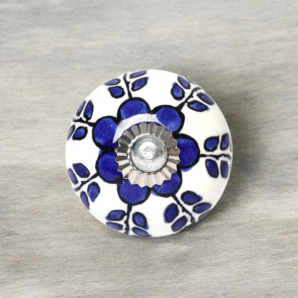 Blue and White Handcrafted and Hand painted Ceramic Knobs—Round Shaped—Set of 6—Floral and leafy Pattern