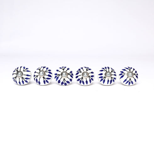 Blue and White Handcrafted and Hand painted Ceramic Knobs—Round Shaped—Set of 6—Leafy Pattern
