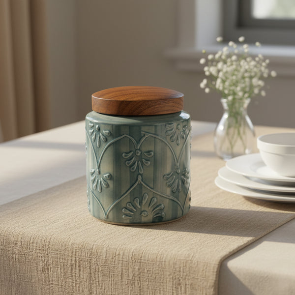 Blue flower embossed ceramic air-tight Jar