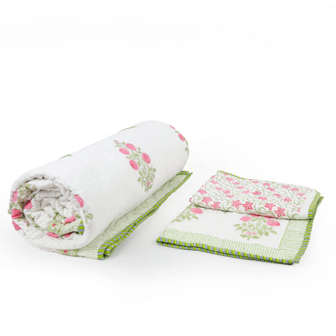 Blush Blossom Quilted Bed Cover and Pillow Cover – Hand Block Print