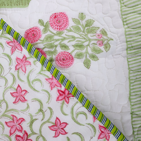 Blush Blossom Quilted Bed Cover and Pillow Cover – Hand Block Print
