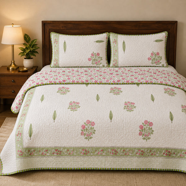 Blush Blossom Quilted Bed Cover and Pillow Cover – Hand Block Print