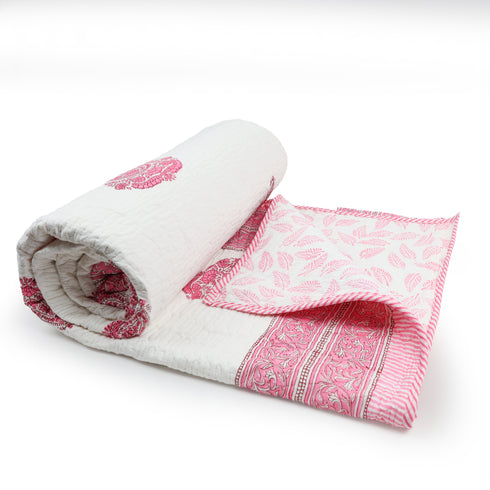 Blush Pink Paisley Quilted Bed Cover and Pillow Cover – Hand Block Print